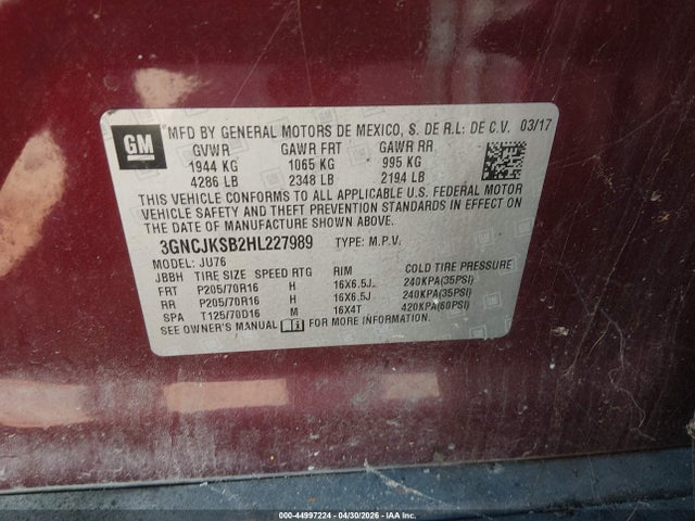 44997224 :رقم المزاد ، 3GNCJKSB2HL227989 vin ، 2017 Chevrolet Trax Ls مزاد بيع