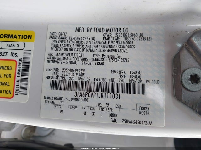 3FA6P0VP1JR111031 Ford Fusion Sport