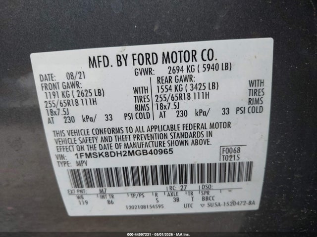 Продажа на аукционе авто 2021 Ford Explorer Xlt, vin: 1FMSK8DH2MGB40965, номер лота: 44997231