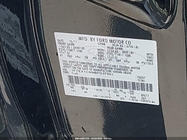44997239 :رقم المزاد ، 1FTEX1CM9BFD37501 vin ، 2011 Ford F-150 Xlt مزاد بيع