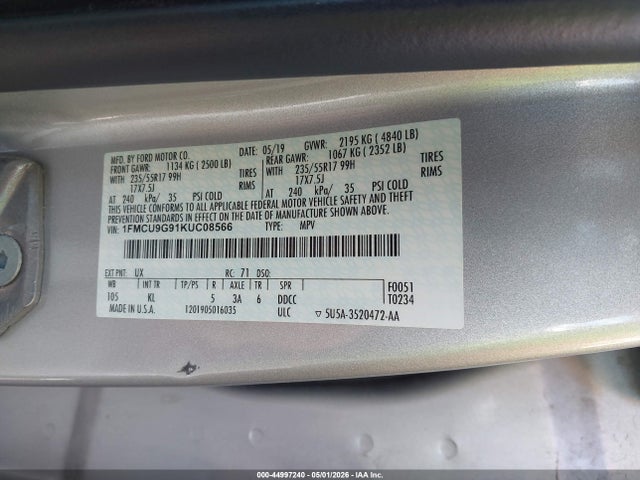 Продажа на аукционе авто 2019 Ford Escape Se, vin: 1FMCU9G91KUC08566, номер лота: 44997240