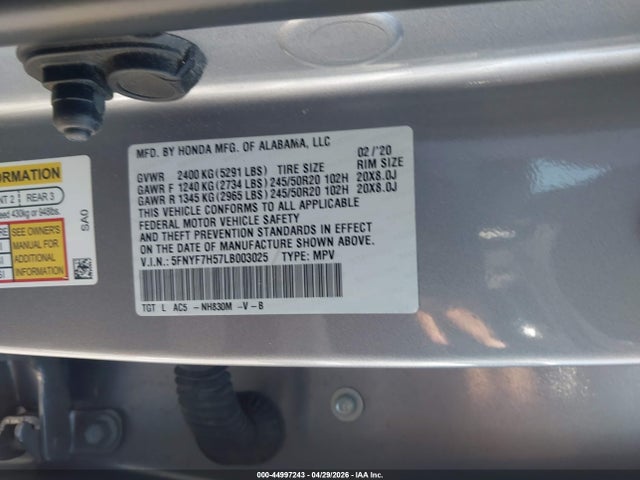 Продаж на аукціоні авто 2020 Honda Passport 2wd Ex-l, vin: 5FNYF7H57LB003025, номер лоту: 44997243