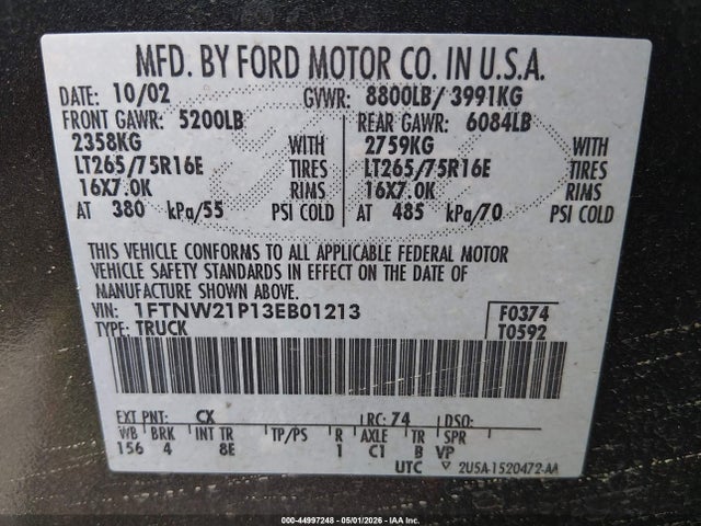 Aukcja sprzedaży 2003 Ford F-250 Lariat/xl/xlt, vin: 1FTNW21P13EB01213, numer aukcji: 44997248