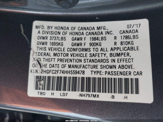 Honda CIVIC EX 2017 2HGFC2F74HH559478 Image 9