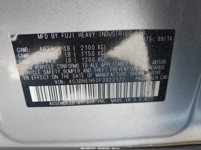 2015 Subaru Legacy 3.6r Limited მანქანა იყიდება აუქციონზე, vin: 4S3BNEN60F3022172, აუქციონის ნომერი: 44997251
