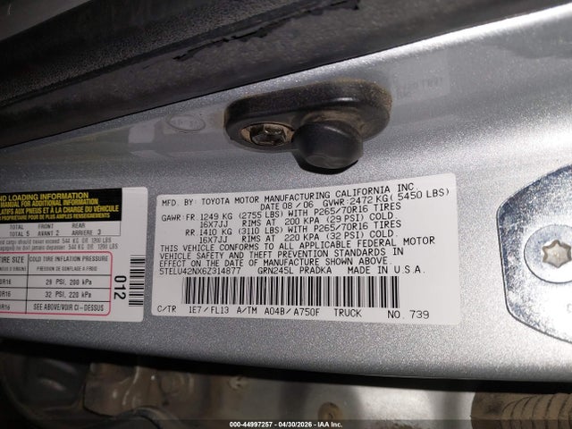2006 Toyota Tacoma Base V6 მანქანა იყიდება აუქციონზე, vin: 5TELU42NX6Z314877, აუქციონის ნომერი: 44997257