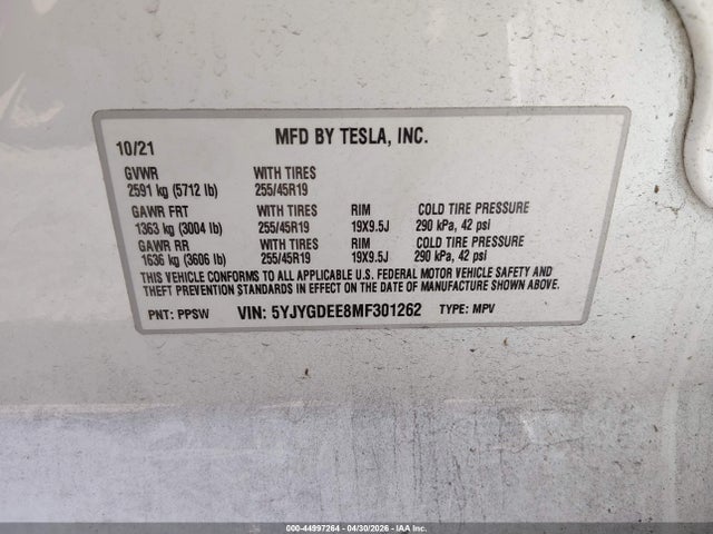 2021 Tesla Model Y Long Range Dual Motor All-wheel Drive მანქანა იყიდება აუქციონზე, vin: 5YJYGDEE8MF301262, აუქციონის ნომერი: 44997264