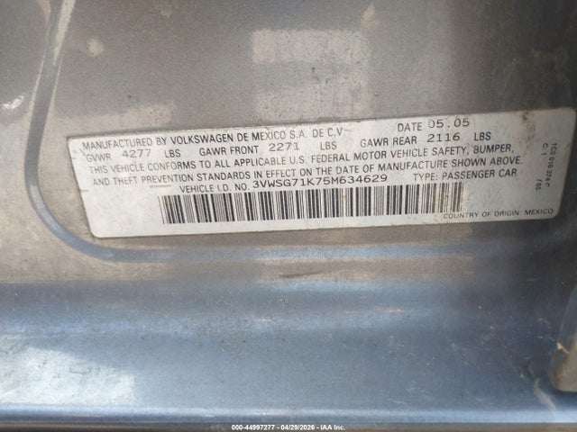 Продажа на аукционе авто 2005 Volkswagen Jetta 2.5, vin: 3VWSG71K75M634629, номер лота: 44997277
