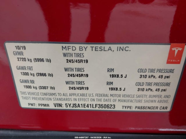 44997287 :رقم المزاد ، 5YJSA1E41LF350623 vin ، 2020 Tesla Model S Performance Dual Motor All-wheel Drive مزاد بيع