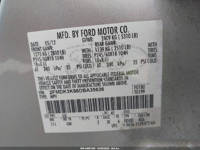 44997290 :رقم المزاد ، 2FMDK3K98DBA35636 vin ، 2013 Ford Edge Limited مزاد بيع