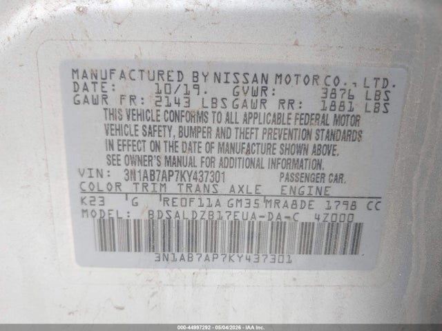 Aukcja sprzedaży 2019 Nissan Sentra Sv, vin: 3N1AB7AP7KY437301, numer aukcji: 44997292