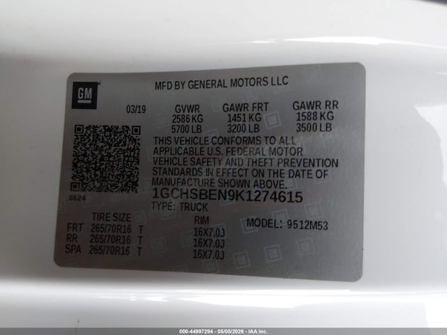 Продаж на аукціоні авто 2019 Chevrolet Colorado Wt, vin: 1GCHSBEN9K1274615, номер лоту: 44997294