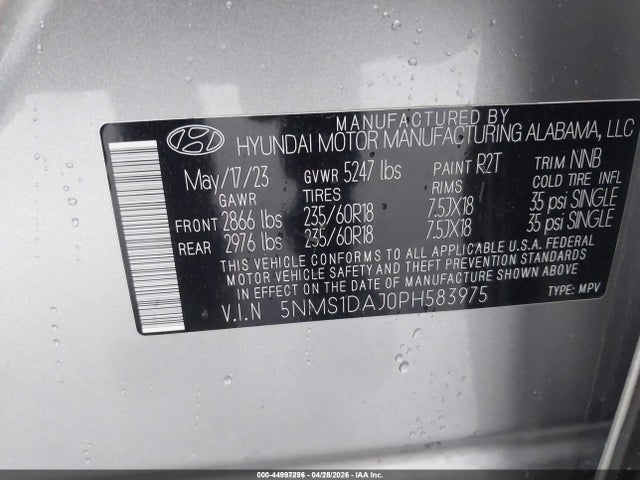 Продаж на аукціоні авто 2023 Hyundai Santa Fe Se, vin: 5NMS1DAJ0PH583975, номер лоту: 44997296