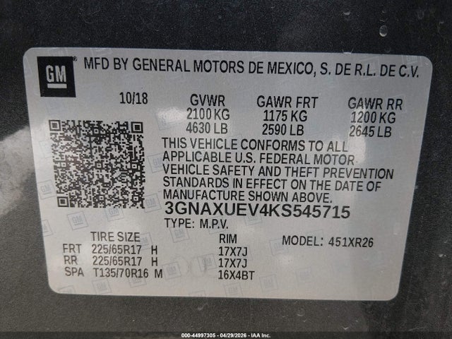 2019 Chevrolet Equinox Lt მანქანა იყიდება აუქციონზე, vin: 3GNAXUEV4KS545715, აუქციონის ნომერი: 44997305