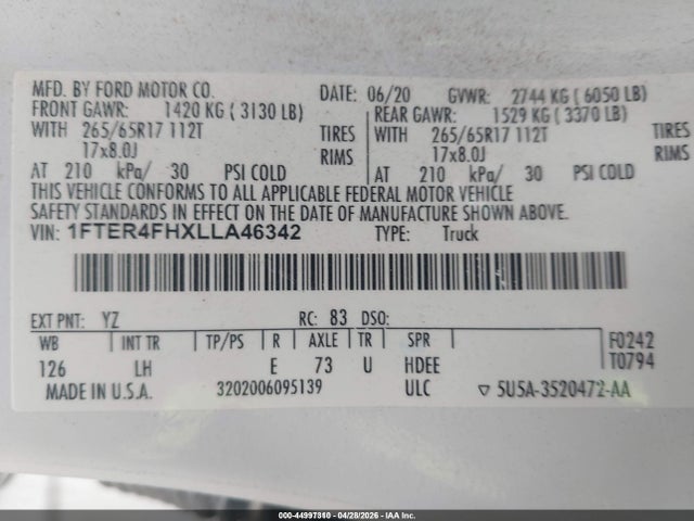 1FTER4FHXLLA46342 Ford RANGER XL