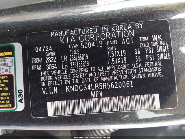 Aukcja sprzedaży 2024 Kia Ev6 Light, vin: KNDC34LB5R5620061, numer aukcji: 44997324