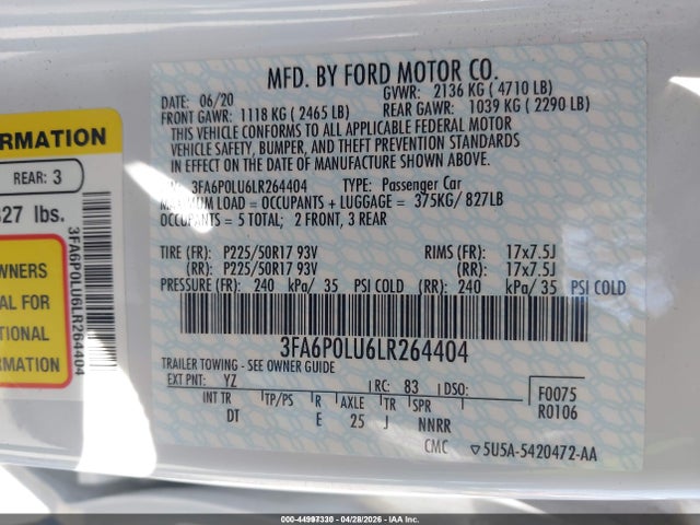 3FA6P0LU6LR264404 Ford Fusion Hybrid Se