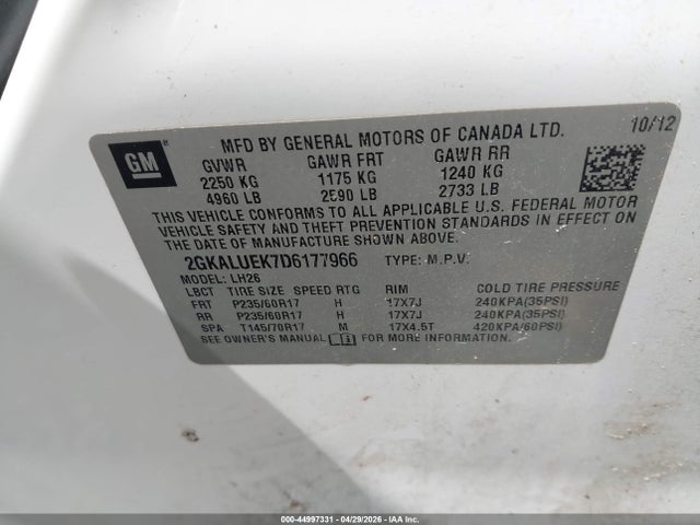 Продажа на аукционе авто 2013 Gmc Terrain Slt-1, vin: 2GKALUEK7D6177966, номер лота: 44997331