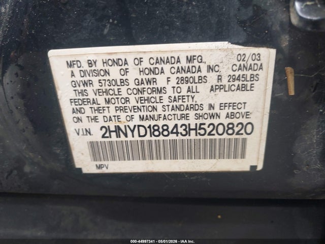 44997341 :رقم المزاد ، 2HNYD18843H520820 vin ، 2003 Acura Mdx مزاد بيع