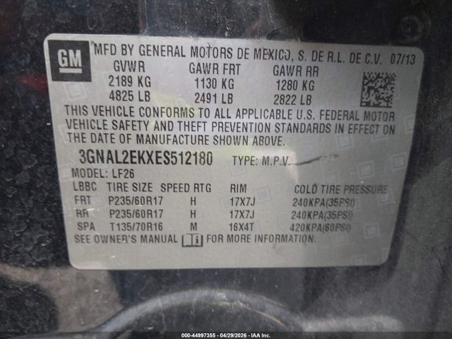 2014 Chevrolet Captiva Sport 2ls მანქანა იყიდება აუქციონზე, vin: 3GNAL2EKXES512180, აუქციონის ნომერი: 44997355