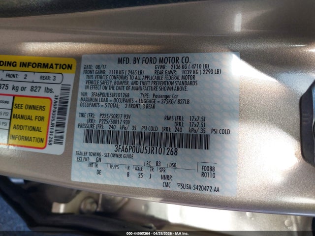 3FA6P0UU5JR101268 Ford Fusion Hybrid S