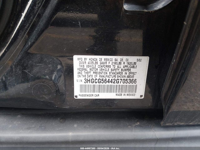 Aukcja sprzedaży 2002 Honda Accord 2.3 Lx, vin: 3HGCG56442G705366, numer aukcji: 44997380