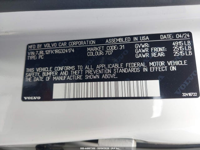 44997388 :رقم المزاد ، 7JRL12FK1RG324174 vin ، 2024 Volvo S60 B5 Core Dark Theme مزاد بيع
