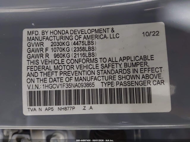 Aukcja sprzedaży 2022 Honda Accord Sport, vin: 1HGCV1F35NA093865, numer aukcji: 44997400