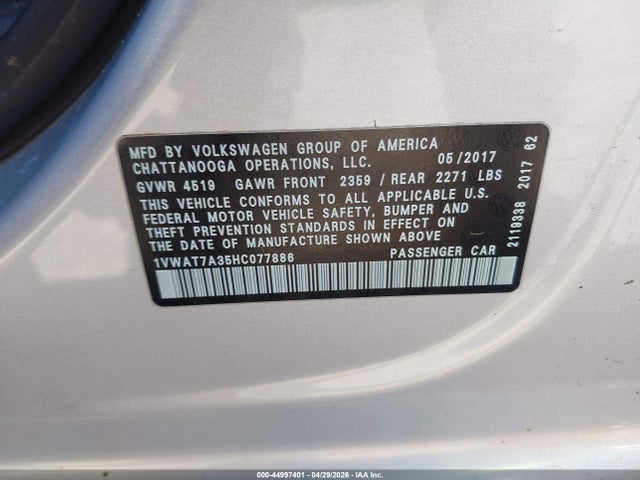 44997401 :رقم المزاد ، 1VWAT7A35HC077886 vin ، 2017 Volkswagen Passat 1.8t S مزاد بيع