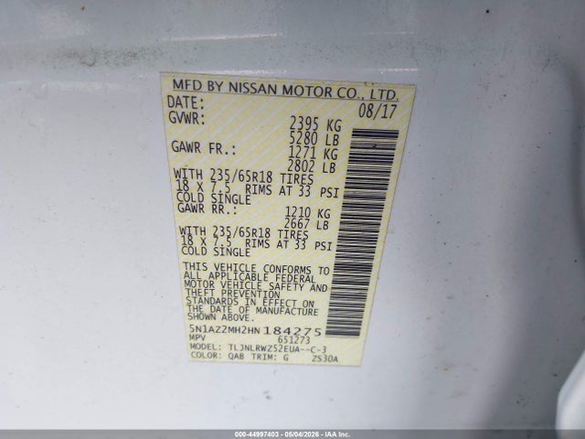 5N1AZ2MH2HN184275 Nissan MURANO SL