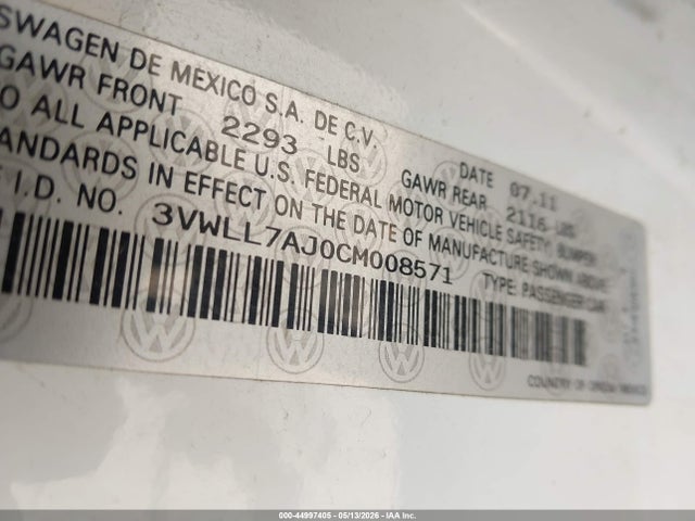 2012 Volkswagen Jetta 2.0l Tdi მანქანა იყიდება აუქციონზე, vin: 3VWLL7AJ0CM008571, აუქციონის ნომერი: 44997405