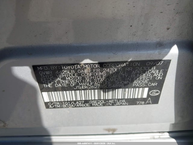 Aukcja sprzedaży 2008 Lexus Is 250, vin: JTHBK262785054898, numer aukcji: 44997411