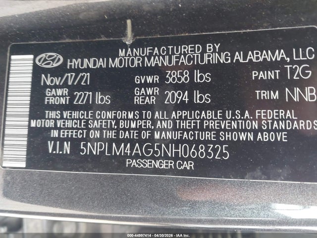 44997414 :رقم المزاد ، 5NPLM4AG5NH068325 vin ، 2022 Hyundai Elantra Sel مزاد بيع