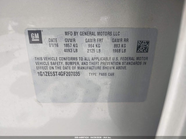 Auction sale of the 2016 Chevrolet Malibu 1lt, vin: 1G1ZE5ST4GF207035, lot number: 44997424