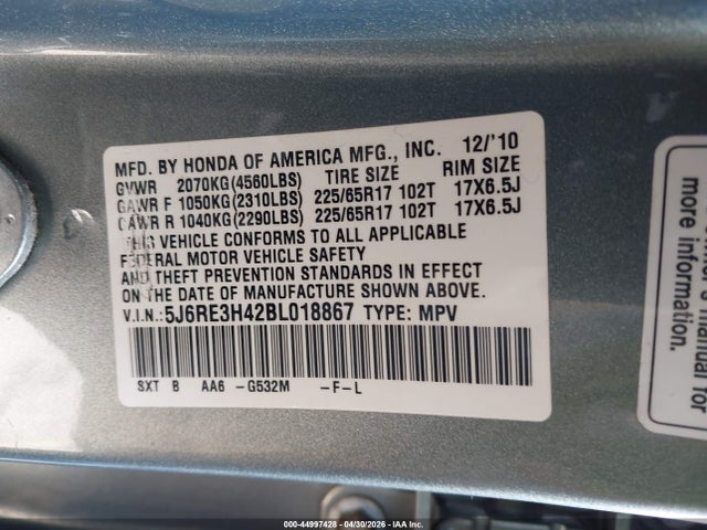 2011 Honda Cr-v Se მანქანა იყიდება აუქციონზე, vin: 5J6RE3H42BL018867, აუქციონის ნომერი: 44997428