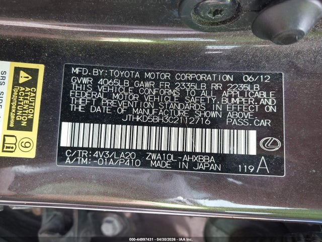 Aukcja sprzedaży 2012 Lexus Ct 200h Premium, vin: JTHKD5BH3C2112716, numer aukcji: 44997431