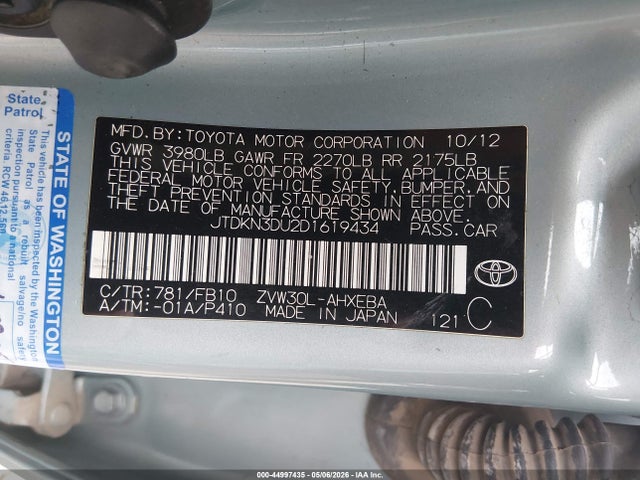 Продажа на аукционе авто 2013 Toyota Prius Two, vin: JTDKN3DU2D1619434, номер лота: 44997435