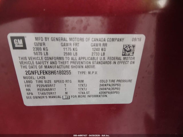 Продаж на аукціоні авто 2017 Chevrolet Equinox Lt, vin: 2GNFLFEK8H6180255, номер лоту: 44997437