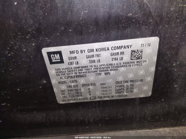 Продажа на аукционе авто 2015 Chevrolet Trax 1ls, vin: KL7CJPSB3FB096623, номер лота: 44997438