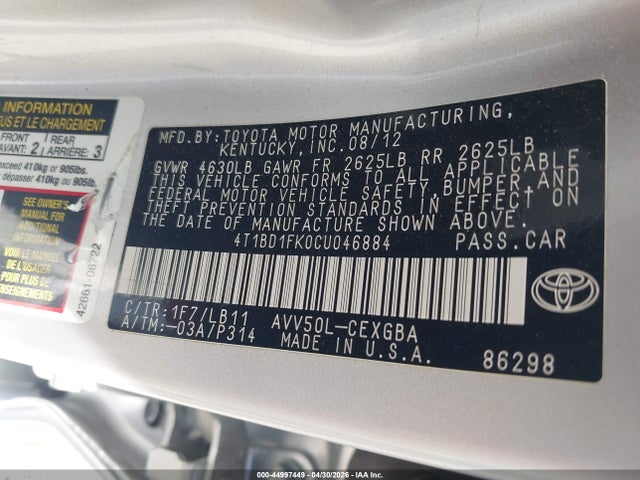 2012 Toyota Camry Hybrid Xle მანქანა იყიდება აუქციონზე, vin: 4T1BD1FK0CU046884, აუქციონის ნომერი: 44997449