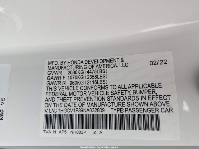 44997455 :رقم المزاد ، 1HGCV1F39NA032809 vin ، 2022 Honda Accord Sport مزاد بيع