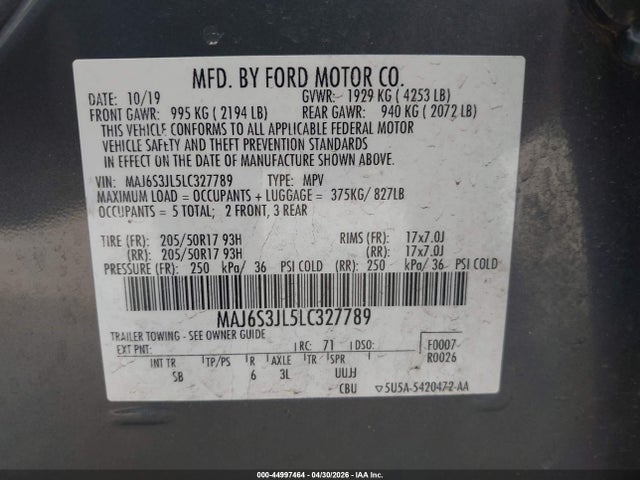 Aukcja sprzedaży 2020 Ford Ecosport Ses, vin: MAJ6S3JL5LC327789, numer aukcji: 44997464