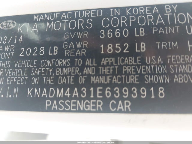 KNADM4A31E6393918 KIA RIO LX