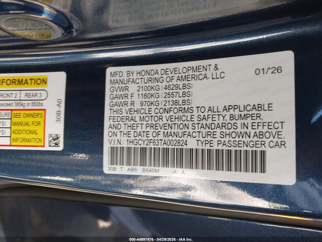 Продажа на аукционе авто 2026 Honda Accord Hybrid Ex-l, vin: 1HGCY2F63TA002824, номер лота: 44997476