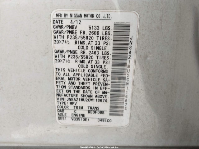 Продаж на аукціоні авто 2012 Nissan Murano Le, vin: JN8AZ1MU2CW116674, номер лоту: 44997481