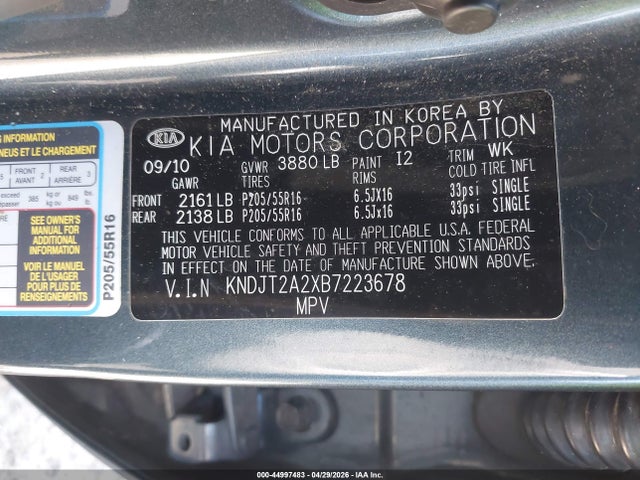 44997483 :رقم المزاد ، KNDJT2A2XB7223678 vin ، 2011 Kia Soul + مزاد بيع