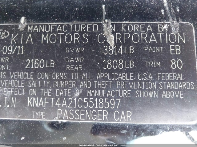 44997495 :رقم المزاد ، KNAFT4A21C5518597 vin ، 2012 Kia Forte Lx مزاد بيع