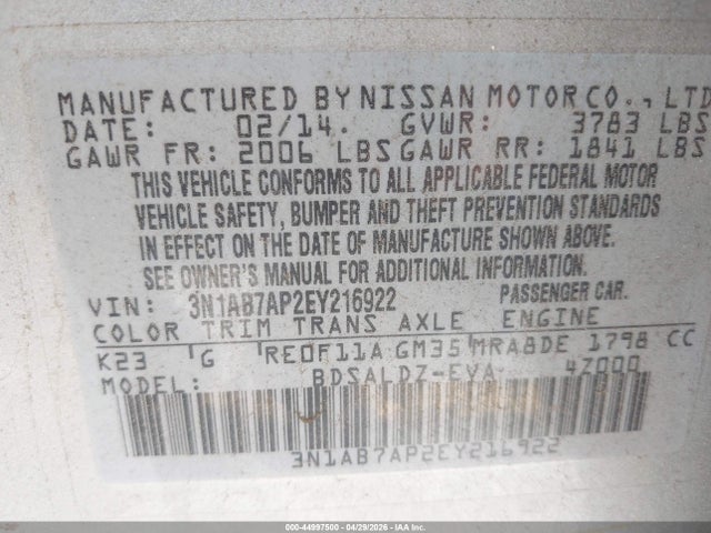 44997500 :رقم المزاد ، 3N1AB7AP2EY216922 vin ، 2014 Nissan Sentra Sv مزاد بيع