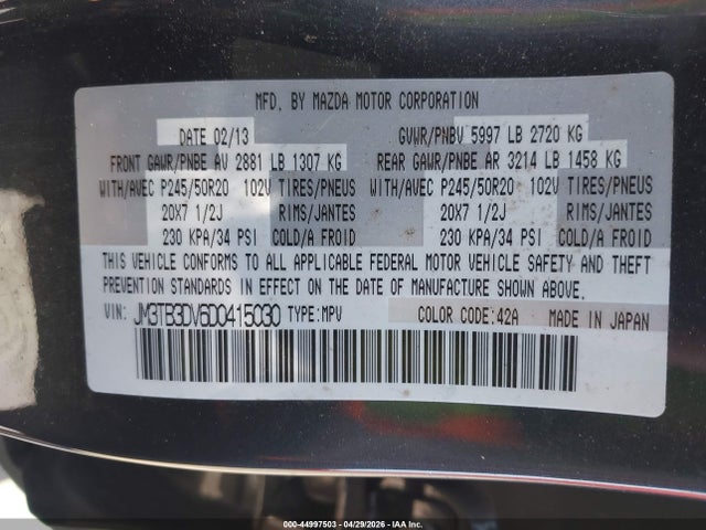 Продажа на аукционе авто 2013 Mazda Cx-9 Grand Touring, vin: JM3TB3DV6D0415030, номер лота: 44997503