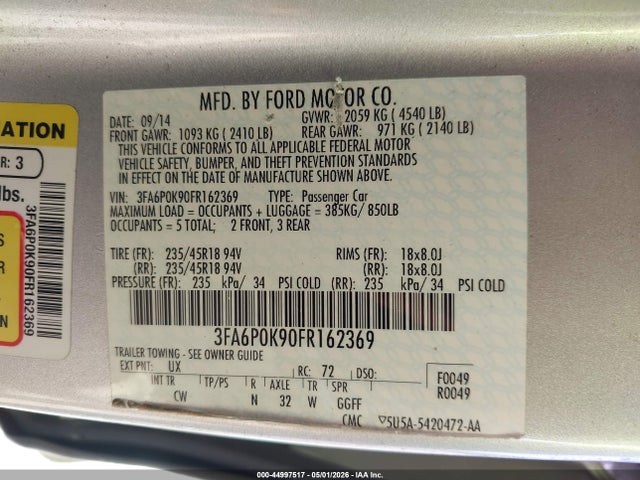Aukcja sprzedaży 2015 Ford Fusion Titanium, vin: 3FA6P0K90FR162369, numer aukcji: 44997517